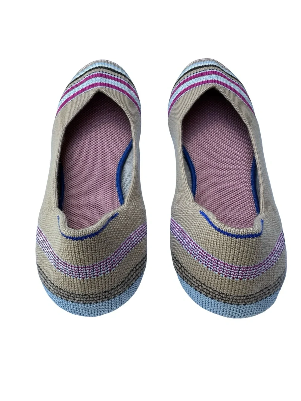 Rothy’s Tan with Blue and Pink toe stripe Ballet flats, US sz 10